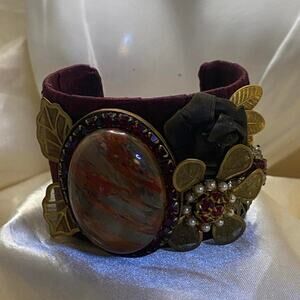 Vintage Burgundy Velvet Cuff Bracelet Large Jasper Stone Rhinestone Flora